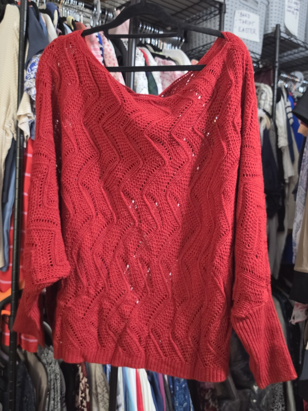 Off-the-Shoulder Red Knit Sweater - Cozy Open-Stitch Pullover